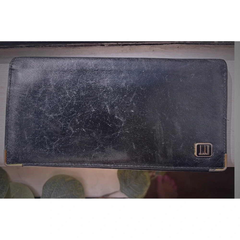 Dunhill Black Leather Long Bifold Wallet Gold Corner Accents Vintage Mens